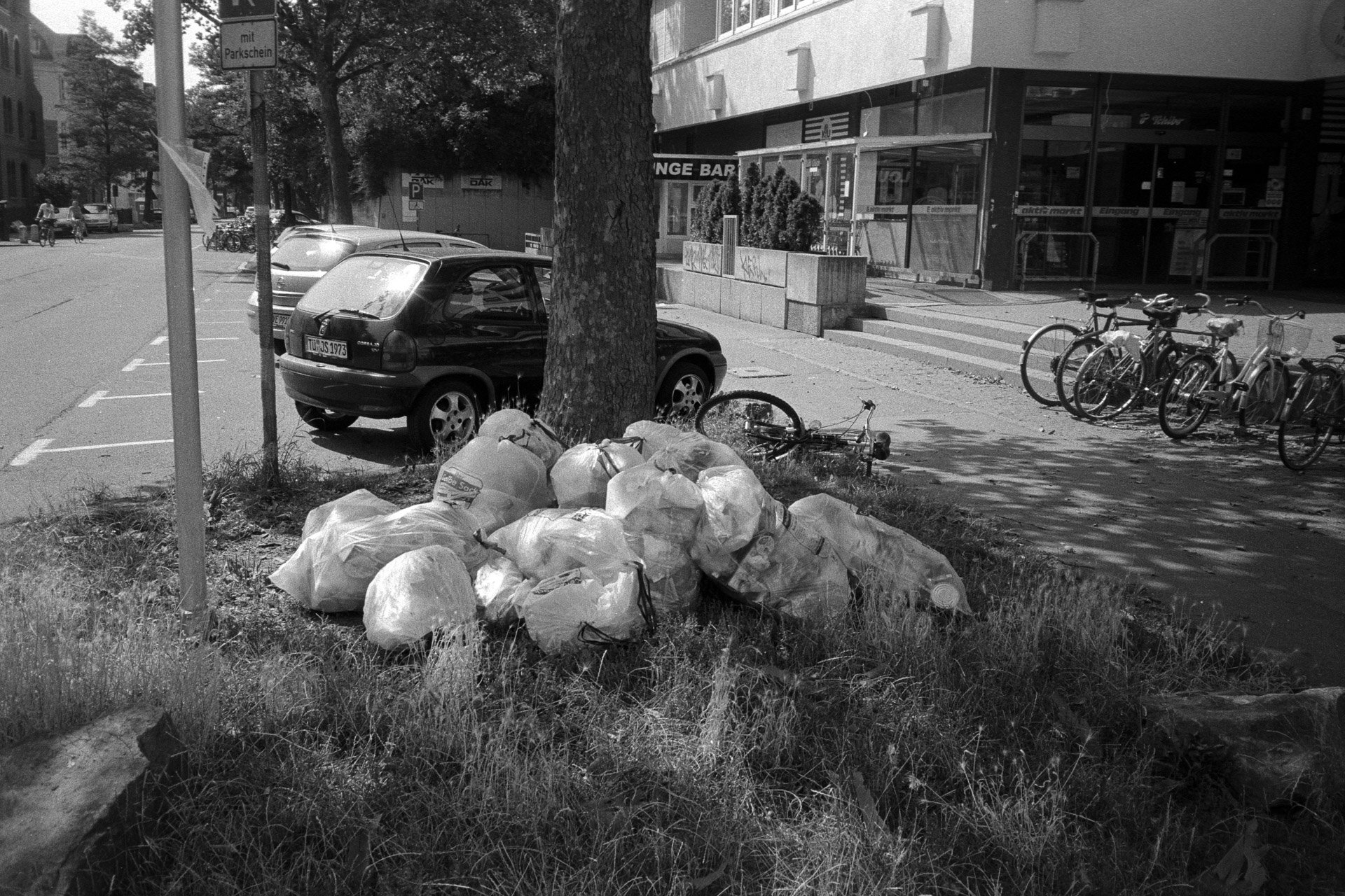 Schwarzweißbild: gelbe Säcke auf einer Baumscheibe (Foto: Martin Frech, 8/2013)