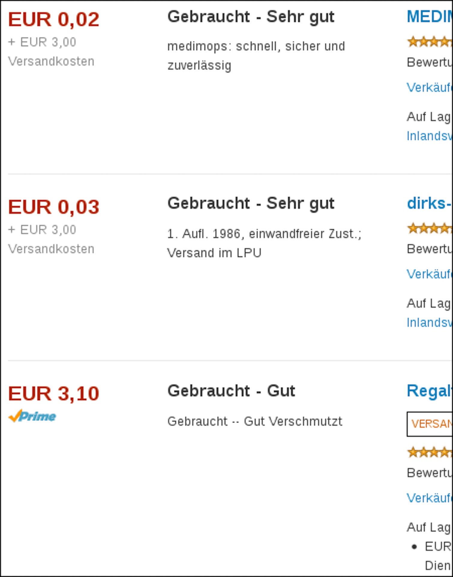 Amazon-Listings für gebrauchte Exemplare von Rutschkys Buch